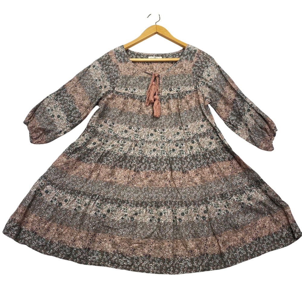 Natural Life Floral Mini Dress Women S Brown Boho Tiered Tassel Cotton Babydoll